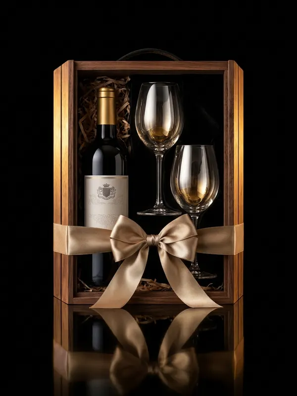 Caja de regalo con vino y copas